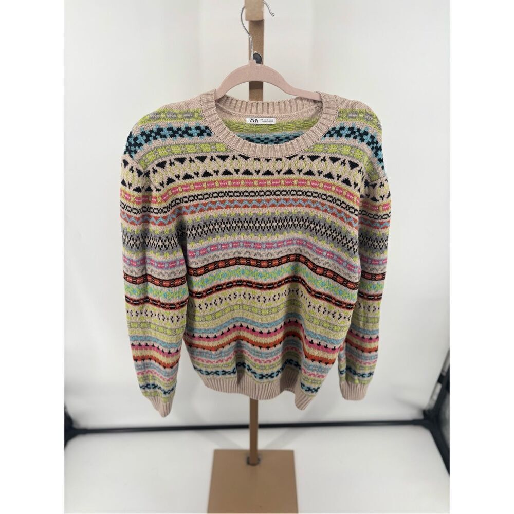 Zara Geometric Pattern Knit Sweater Multicolor Crewneck Women XL Nordic Style